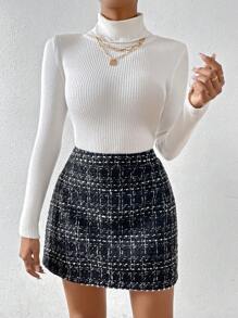 SHEIN Privé Cao eo Hoa văn kẻ sọc Tweed Váy - màu đen - Xem 4