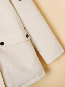 SHEIN Tween Girl Letter Patched Detail Flap Pocket Fuzzy Trim Hooded Parka Coat - Beige - View 4