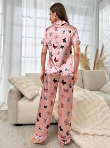 Butterfly Print Contrast Piping Satin PJ Set / Pajama Set - Baby Pink - View 2