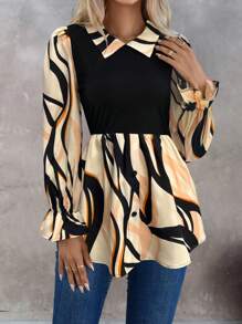 SHEIN Clasi Graphic Print Flounce Sleeve Knot Front Peplum Top - Apricot - View 1