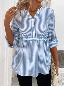 SHEIN LUNE 條紋印花捲邊袖襯衫 - 藍白色 - 查看 3