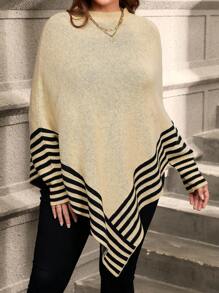 SHEIN Clasi Plus Striped Pattern Batwing Sleeve Asymmetrical Hem Sweater - Apricot - View 4