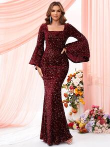 LOVE&LEMONADE Vestido de fiesta de cuello cuadrado de manga con volante con lentejuelas - Burdeos - Ver 6