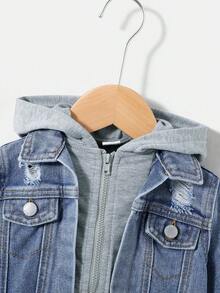 SHEIN 女嬰破洞翻蓋細節二合一連帽牛仔夾克不帶T恤 - 中等水洗藍 - 查看 5