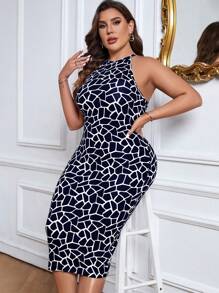 SHEIN Privé Hơn In Địa lý Halter Neck Váy bodycon - Màu xanh hải quân - Xem 4