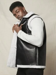 Manfinity VCAY Loose Fit Men's Contrast Trim Teddy Lined Faux Leather Vest Coat, For Fall Winter - Multicolor - View 6