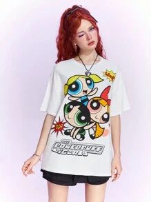 The Powerpuff Girls | ROMWE Camiseta de hombro caído con gráfico de dibujos animados, escolar - Blanco - Ver 3