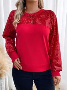 Calvaya Plus Contrast Sequin Sweatshirt Pullover Fall Sweatshirt - Red - View 4