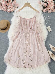 SHEIN CURVE+ Plus Floral Embroidery Mesh Overlay Dress - Pink - View 2