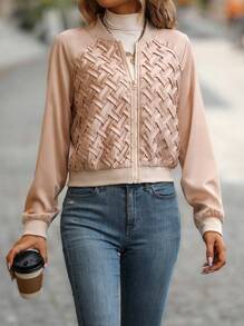 SHEIN LUNE 素色拉鏈開襟飛行員夾克 - 杏色 - 查看 4