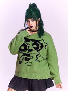 The Powerpuff Girls | ROMWE Plus Cartoon Pattern Distressed Drop Shoulder Sweater - Green - View 5