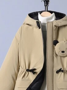 SHEIN Tween Boy 1 件 3D 熊装饰抽绳腰部翻盖口袋连帽加厚外套 - 卡其色 - 查看 4