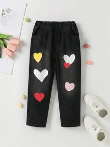 女小童愛心圖案彈性腰帶直筒牛仔褲 - 黑色 - 查看 1