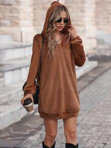 SHEIN Essnce 素色連帽衛衣裙 - 棕色 - 查看 6