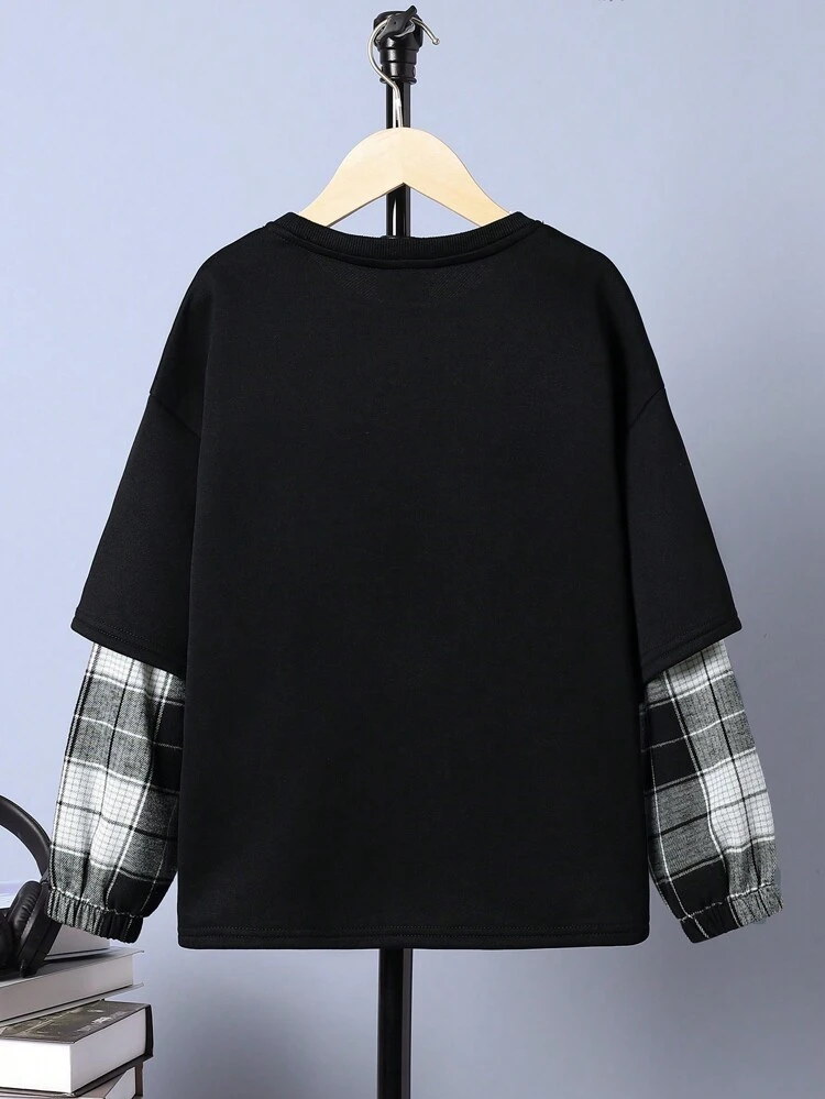 Tween Boy Plaid & Letter Graphic 2 In 1 Pullover