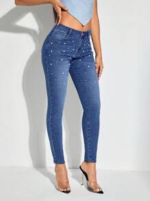 SHEIN BAE Ngọc trai đính cườm Quần jean ôm - Rửa trung bình - Xem 5
