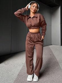 EURMUSE Drop Shoulder Crop Sweatshirt & Sweatpants - Brown - View 5