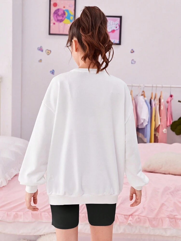 Teen Girl Floral Print Drop Shoulder Pullover & Biker Shorts