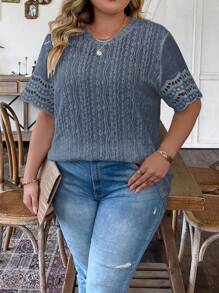 SHEIN LUNE Hơn Ren tương phản Cắt vỏ sò Lỗ gắn thêu Áo thun - Màu xanh hải quân - Xem 6