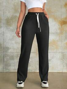Solid Drawstring Waist Pants - Black - View 6