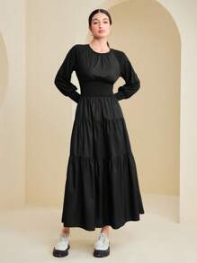 Seusyu Chất rắn Xù Hoa Sen Tay Raglan Đầm - màu đen - Xem 7