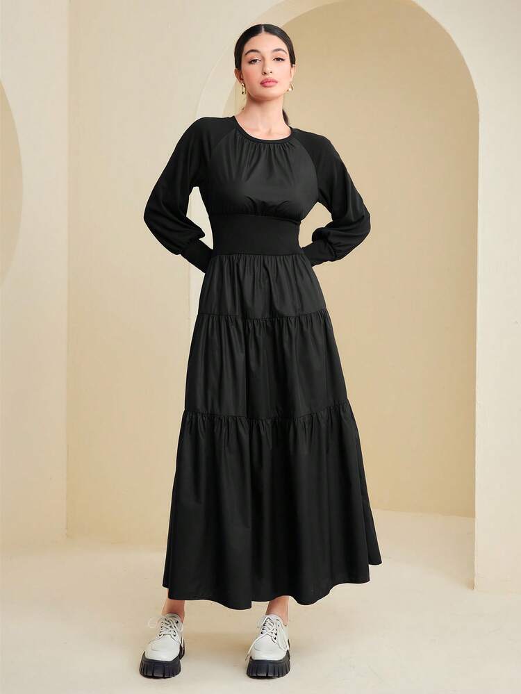 Solid Ruffle Hem Raglan Sleeve Dress