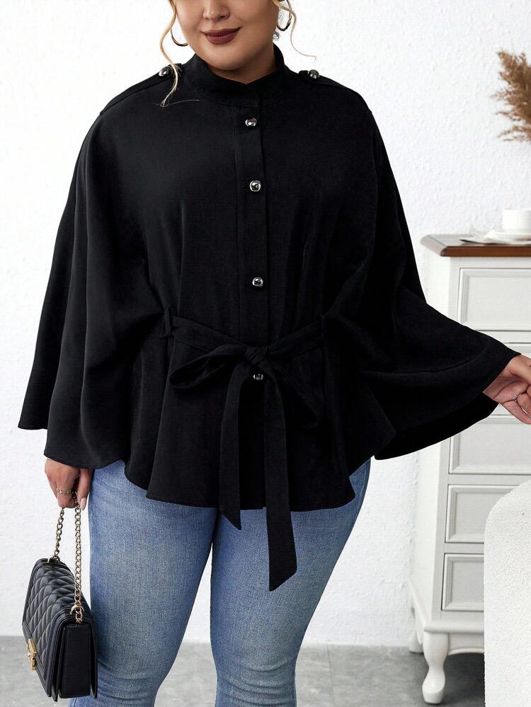 Plus Batwing Sleeve Belted Cape Coat