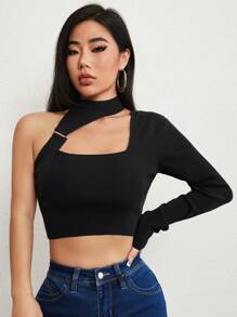 Zolique Asymmetrical Neck Cut Out Front Crop Knit Pullover Fall Winter Sweater - Black - View 1