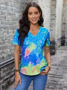 EMERY ROSE Tie Dye V Neck Tee - Blue - View 1