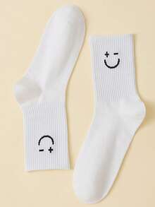 Casual, Simple, Mid-calf Socks With Emoji Patterns, Suitable For Daily Wear - White - View 3