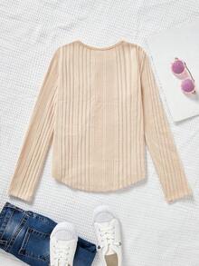 SHEIN 女大童條紋針織弧形下擺T恤 - 杏色 - 查看 2