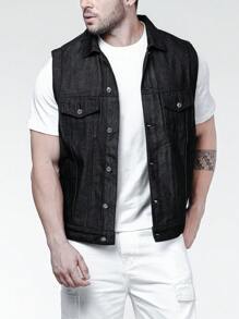 Manfinity Men Plus Flap Pocket Denim Vest Jacket - Black - View 6