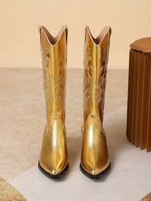 Styleloop 女士時尚刺繡西部靴，女士牛仔靴 - 金色 - 查看 2