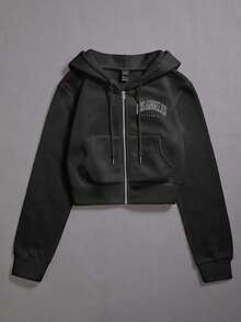 SHEIN Unity Đồ họa Chữ cái Dây kéo Dây rút Hoodie - màu đen - Xem 3