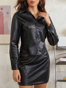 SHEINNeu 前紐扣PU皮革夾克 - 黑色 - 查看 1
