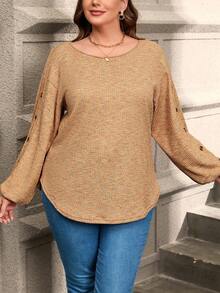 SHEIN LUNE Plus Space Dye Button Detail Lantern Sleeve Curved Hem Tee - Multicolor - View 5