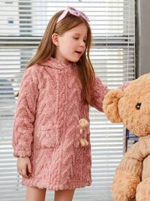 女小童3D熊裝飾搖粒絨連帽衛衣裙 - 粉色 - 查看 3
