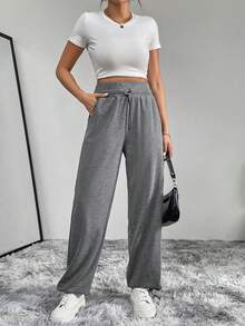 SHEIN Essnce 女士單色束口腰運動褲 - 灰色 - 查看 3