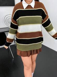 SHEIN MOOSTA Plus Color Block Drop Shoulder Sweater Without Blouse Knit Pullover Fall Winter Sweater - Multicolor - View 3