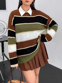 SHEIN MOOSTA Plus Color Block Drop Shoulder Sweater Without Blouse Knit Pullover Fall Winter Sweater - Multicolor - View 4