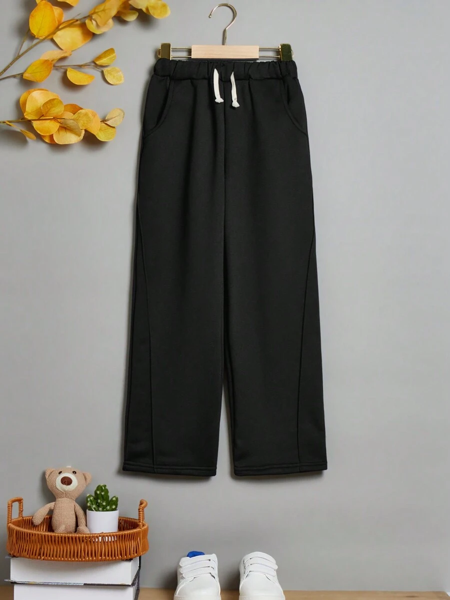 SHEIN Leap Crew Tween Boy Drawstring Waist Slant Pocket Wide Leg Sweatpants - Black - View 1