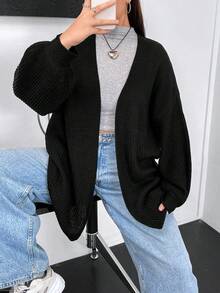 Flirla Hơn Thả vai Áo len Duster - màu đen - Xem 3