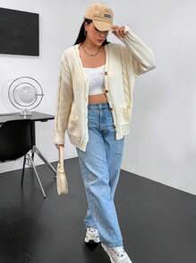 Flirla Plus Cable Knit Drop Shoulder Pocket Patched Cardigan - White - View 3