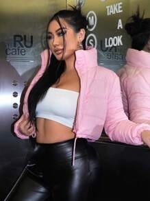 SHEIN SXY Drawstring Hem Crop Padded Coat - Baby Pink - View 5