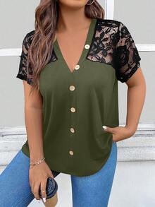 SHEIN Clasi 大碼蕾絲拼接前紐扣T恤 - 軍綠色 - 查看 3