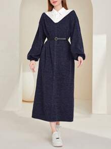 Mulvari Colorblock Lantern Sleeve Belted Dress - Navy Blue - View 1