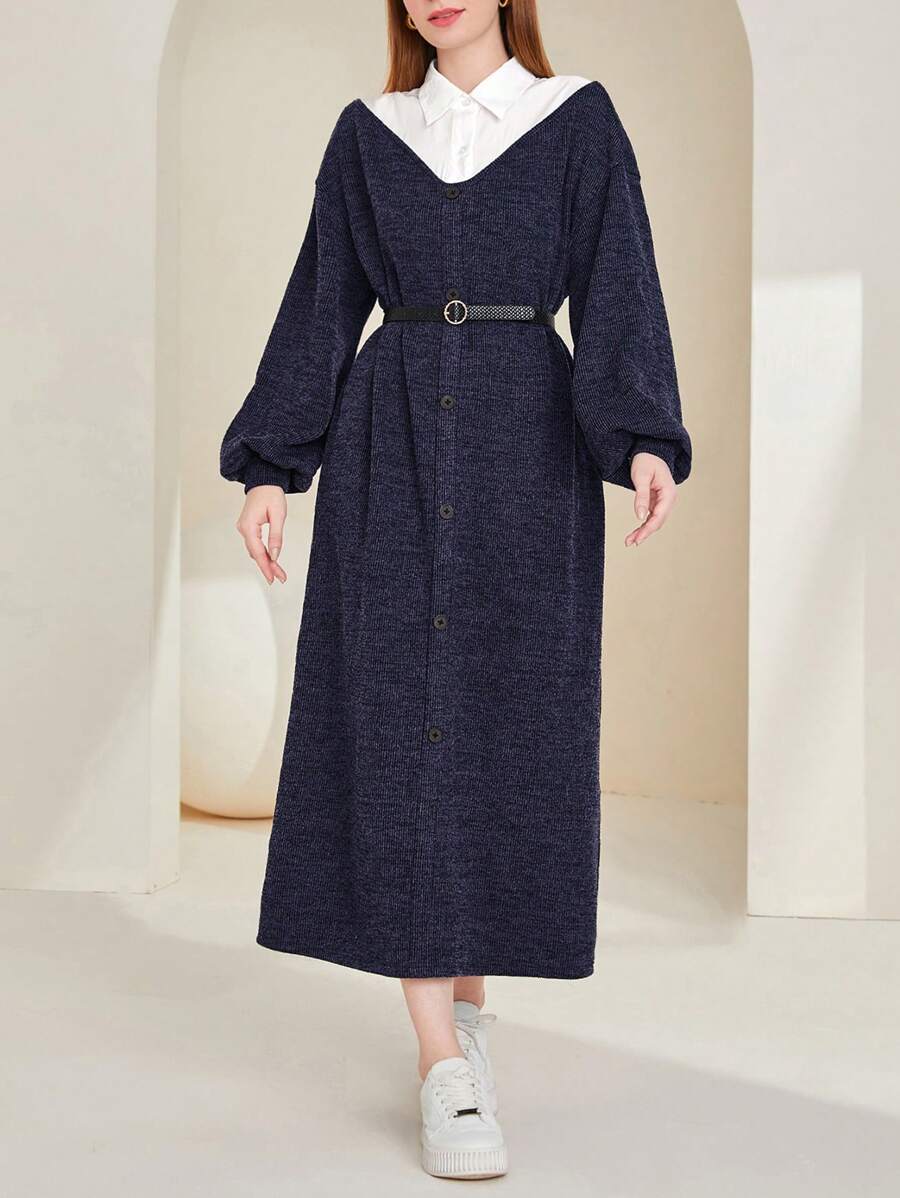 Mulvari Colorblock Lantern Sleeve Belted Dress - Navy Blue - View 1