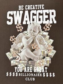 Manfinity EMRG 男款寬鬆休閒連帽衫,有天使口號印花 - 棕色 - 查看 4