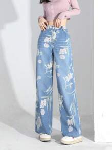 青少年女孩印花闊腿牛仔褲 - 淺色水洗藍 - 查看 4
