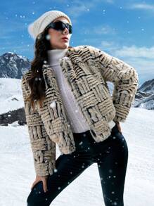 SHEIN LUNE Allover Print Open Front Fuzzy Coat Fall Cloth For Women - Light Grey - View 6